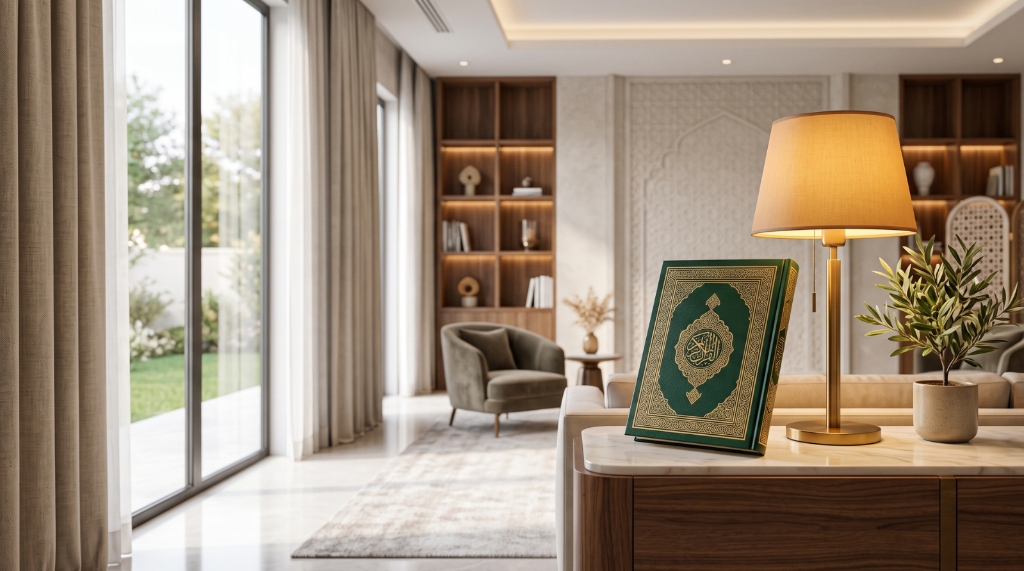 Holy Quran displayed on table with warm lighting - Al Tanzeel Quran Academy online classes