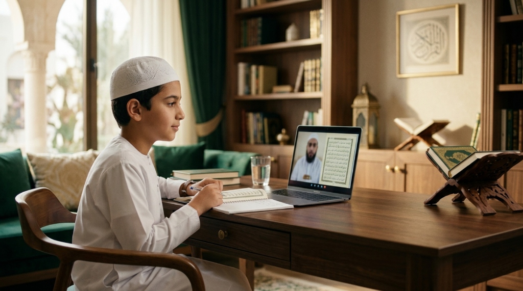 Young Muslim boy attending live 1-on-1 online Quran class with certified tutor