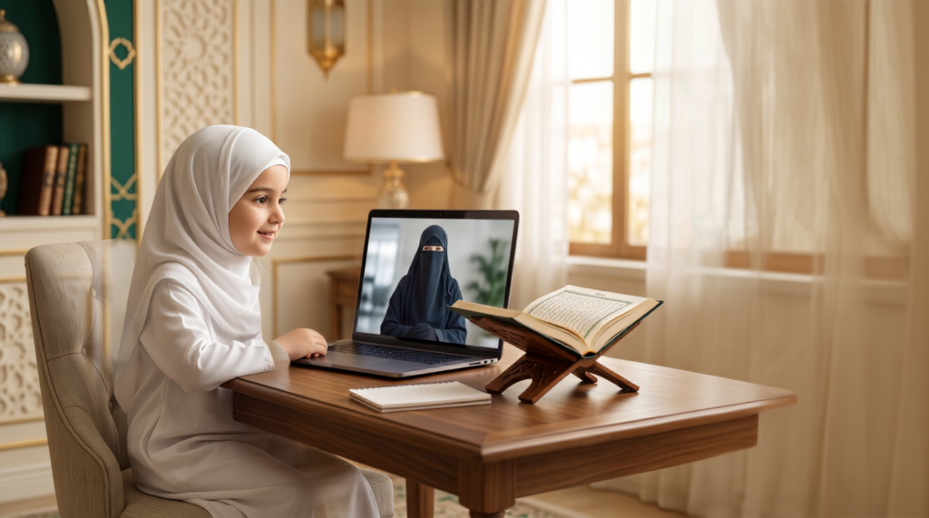 Young Muslim girl taking online Quran memorization Hifz lesson with female scholar